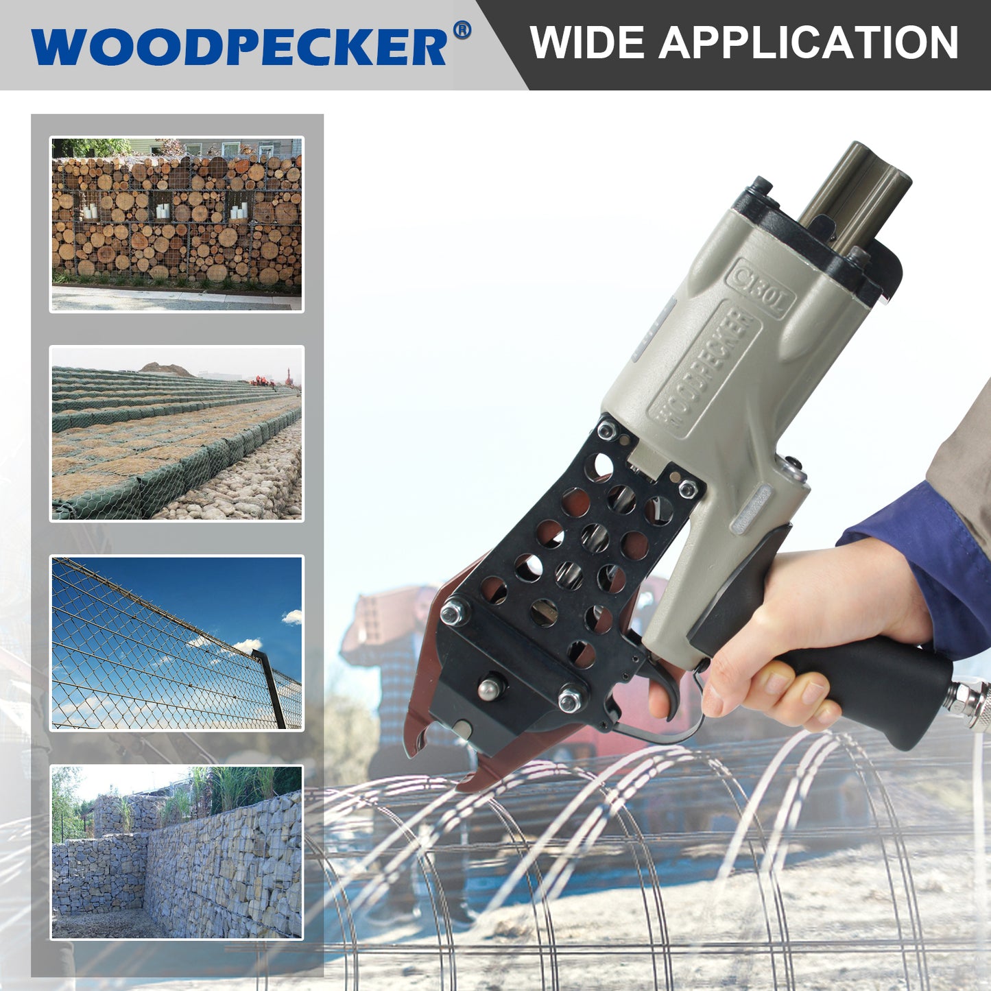 Woodpecker C130L/PFC50 11 Gauge Easy Carry Pneumatic Hog Ring Gun for Gabion 1 1/2 Inch Crown Air C Ring Plier for Wire Cages, Gabion, Fencing, Sofa, Spring Mattress, Car Seat, Bedding, Wire Mesh Baskets