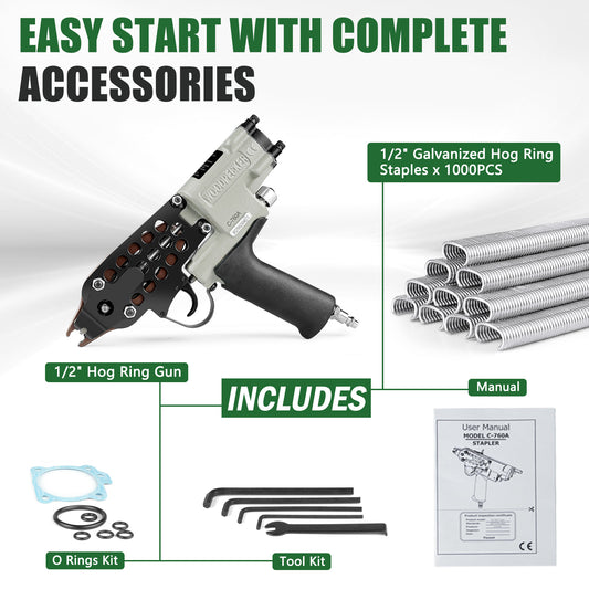 Woodpecker C-760A 16-Gauge Pneumatic Hog Ring Gun | 1/2-Inch Crown, 3.0-4.0mm Closure Diameter | including Air-Powered C-Ring Pliers for Cage, Fence, and Automotive Upholstery