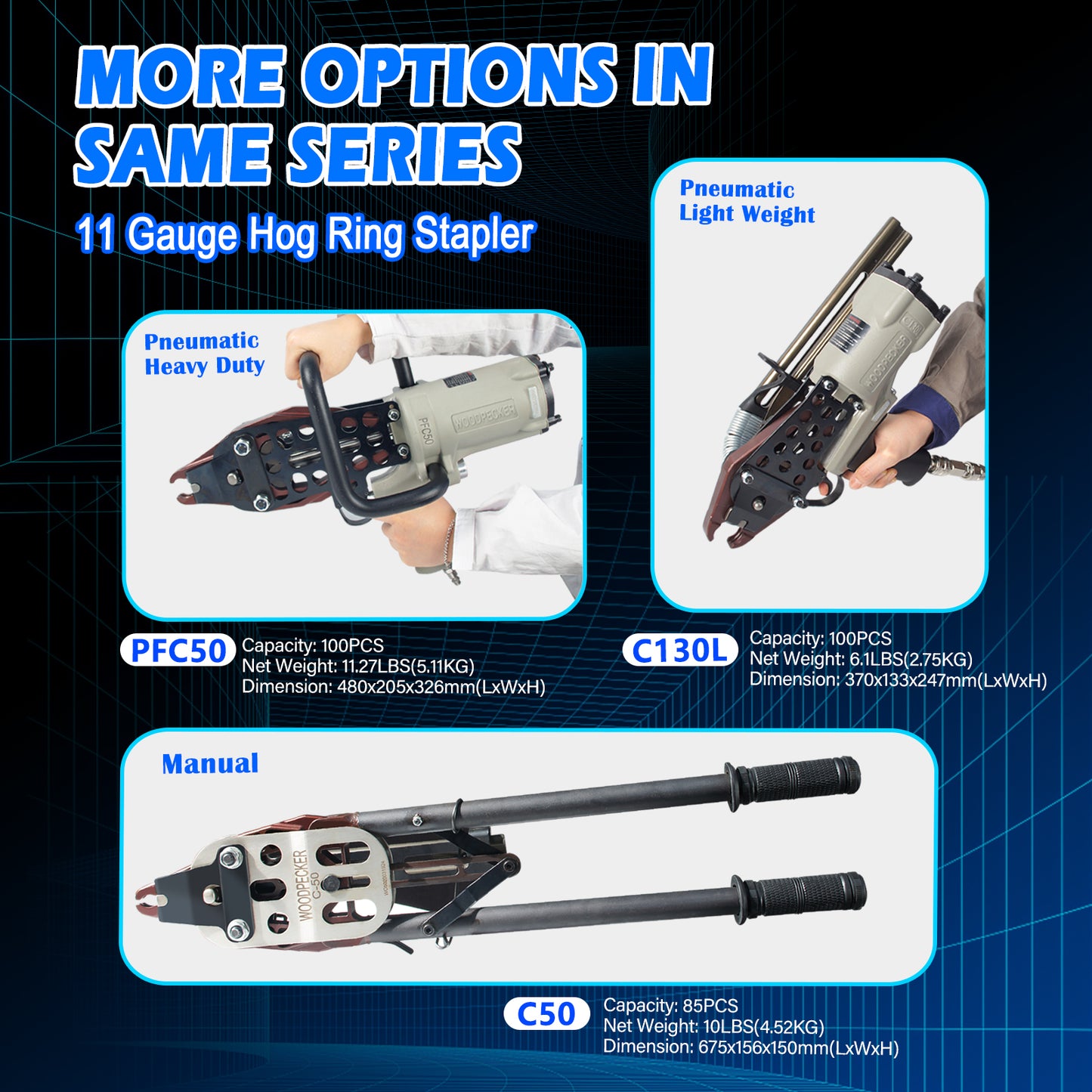 Woodpecker C130L/PFC50 11 Gauge Easy Carry Pneumatic Hog Ring Gun for Gabion 1 1/2 Inch Crown Air C Ring Plier for Wire Cages, Gabion, Fencing, Sofa, Spring Mattress, Car Seat, Bedding, Wire Mesh Baskets