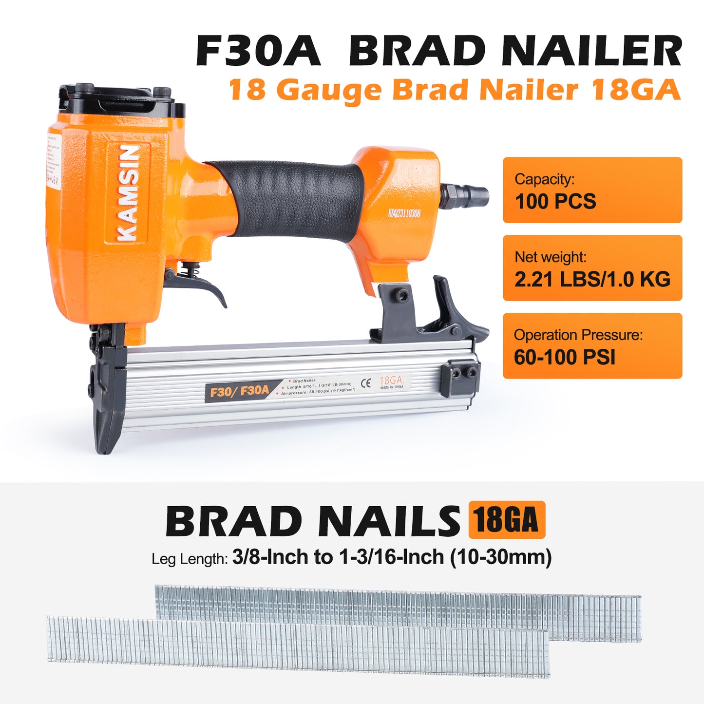KAMSIN F30 18 Gauge Pneumatic Brad Nailer - 3/8-inch to 1-3/16-inch (10-30mm) Brad Nails, Air Power Brad Nail Gun, Finish Nailer for Woodworking Projects, Carpentry, Upholstering