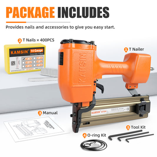 KAMSIN ST64 14 Gauge Pneumatic Concrete T Nailer with 400 PCS 3/4" Concrete T Nails, 3/4" to 2-1/2" Concrete Nail Gun for Heavy Duty Concrete Nailing, Decking , Subflooring, Siding, and Soffits
