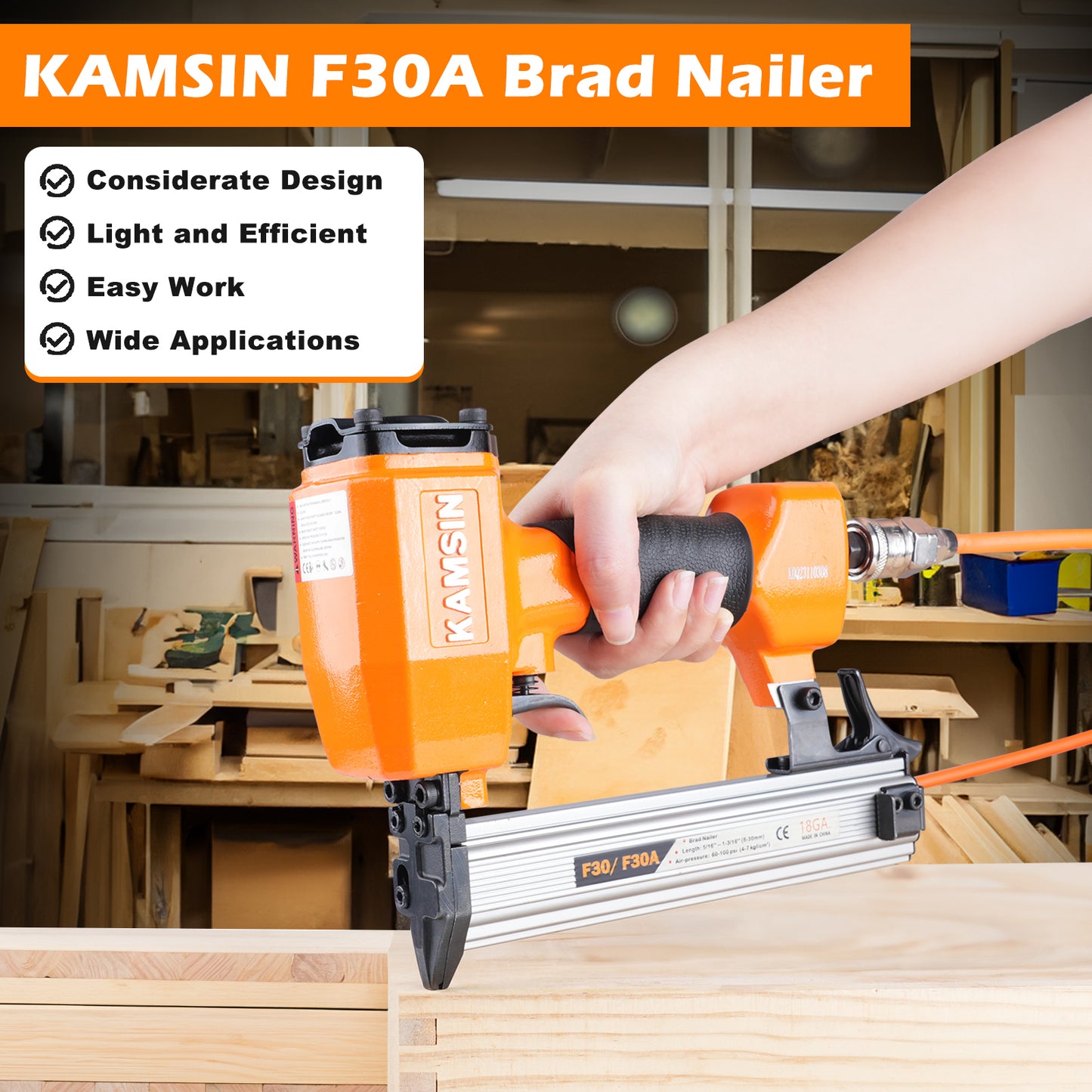 KAMSIN F30 18 Gauge Pneumatic Brad Nailer - 3/8-inch to 1-3/16-inch (10-30mm) Brad Nails, Air Power Brad Nail Gun, Finish Nailer for Woodworking Projects, Carpentry, Upholstering