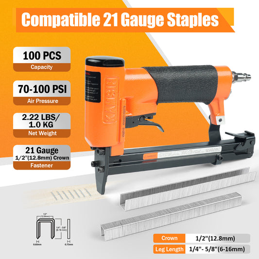 Combinación de kit de engrapadora neumática para tapicería KAMSIN KN8016 de calibre 21 y grapas para tapicería de corona de 1/2" (12.8 mm) (10000 unidades)
