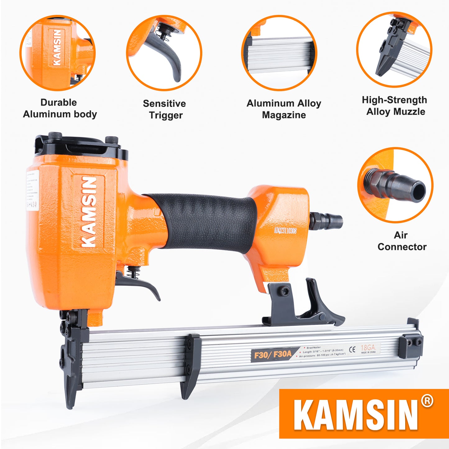 KAMSIN F30 18 Gauge Pneumatic Brad Nailer - 3/8-inch to 1-3/16-inch (10-30mm) Brad Nails, Air Power Brad Nail Gun, Finish Nailer for Woodworking Projects, Carpentry, Upholstering
