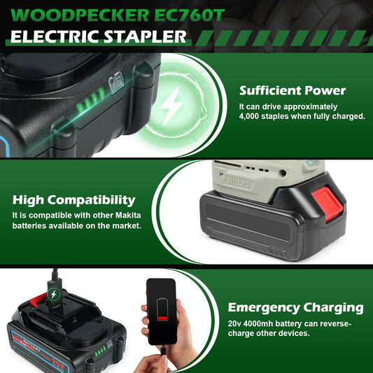 Batería WOODPECKER 20 V 4000 mAh para grapadora eléctrica de anillo en C EC760T EC7CT EC7ET, función de carga inversa, hasta 4000 grapas por carga completa