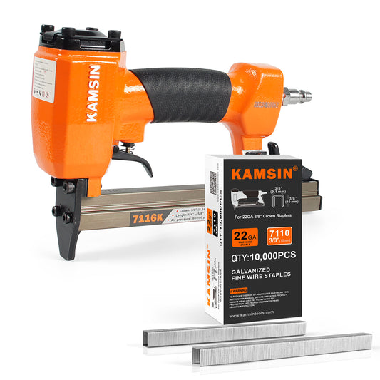 Combinación del kit de grapadora neumática para tapicería KAMSIN 7116K calibre 22 y grapas para tapicería de corona de 3/8" (9.1mm) (10000 unidades)