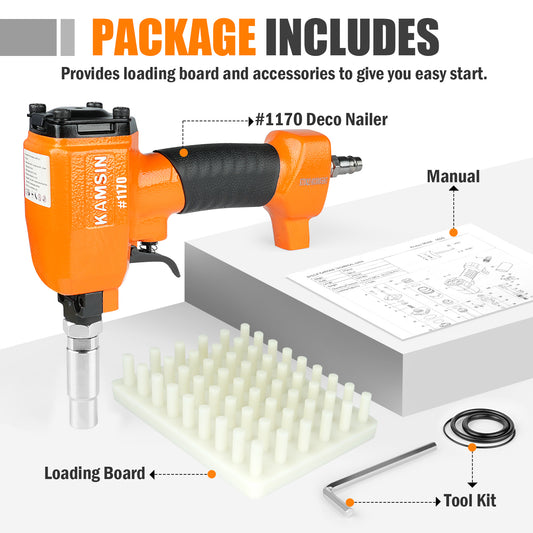 KAMSIN Pneumatic Decorative Nailer, Accepts 9.6mm-20.3mm(3/8”-3/4") Head Diameter Upholstery Pins, Upholstery Tacks, Deco Nailer with Loading Board