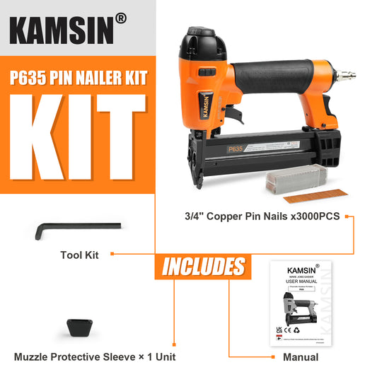 KAMSIN P635 Kit de clavadora neumática de pasadores sin cabeza de calibre 23 con seguridad, clavos de pasador de 1/2"- 1-3/8" (13mm-35mm) de longitud, clavadora de pasadores neumática para gabinetes, decoración de interiores y marcos de fotos