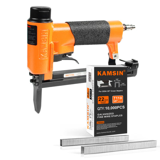 Combinación de kit de engrapadora neumática para tapicería KAMSIN KN7116L de calibre 22 y grapas para tapicería de corona de 3/8" (9.1mm) (10000 unidades)