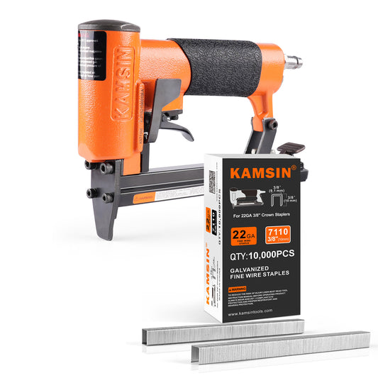 Combinación de kit de engrapadora neumática para tapicería KAMSIN KN7116S de calibre 22 y grapas de tapicería de corona de 3/8" (9.1 mm) (10000 unidades)