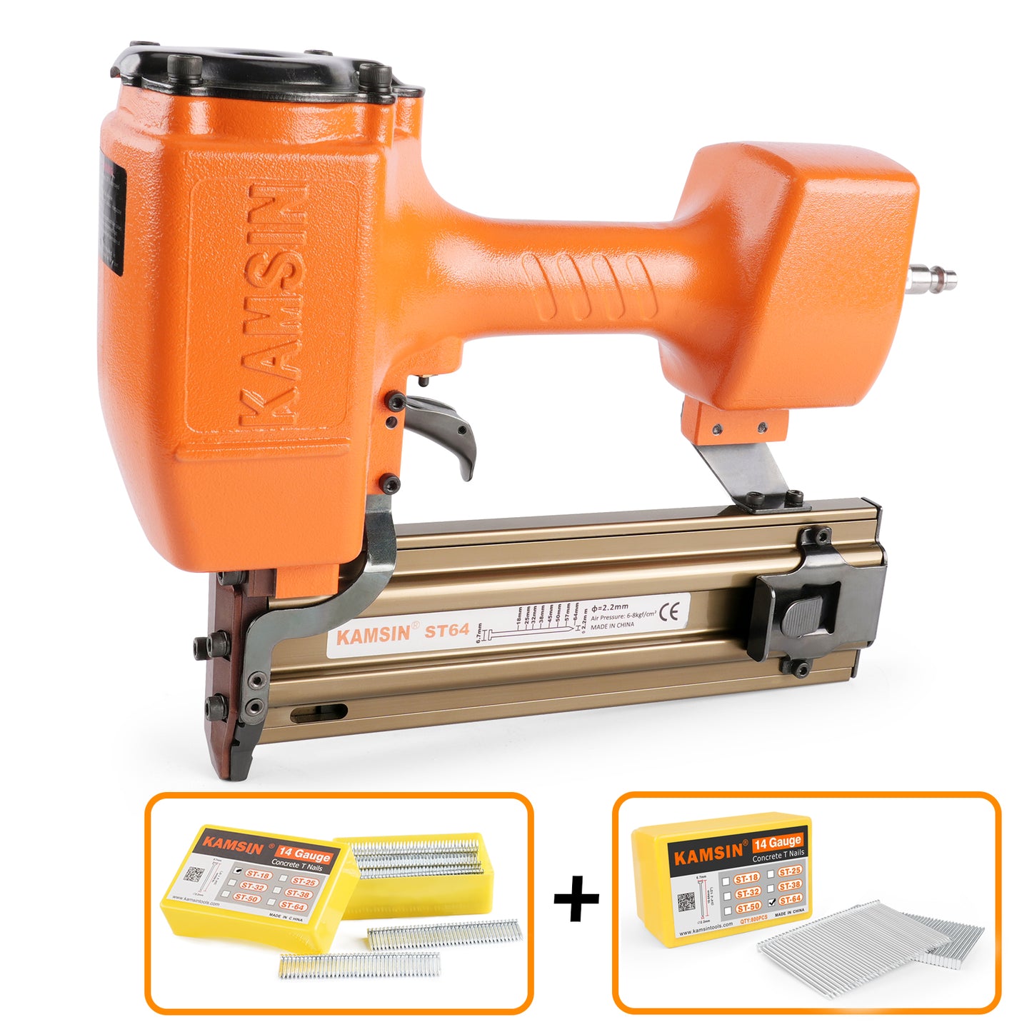 KAMSIN ST64 14 Gauge Heavy Duty Pneumatic Concrete T Nailer Kit with 400PCS ST18 and 800PCS ST18-ST64 Concrete T Nails