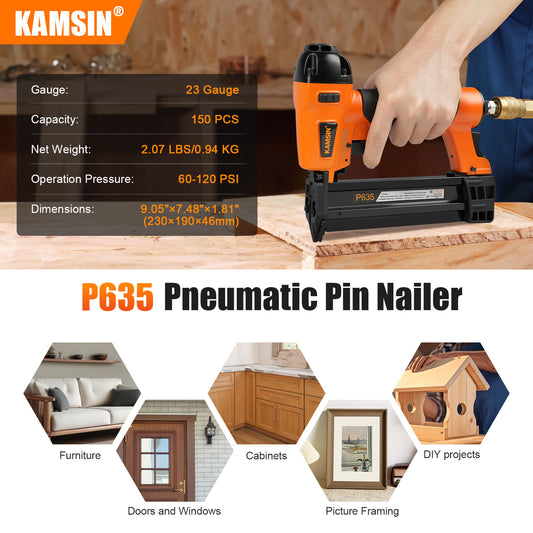 KAMSIN P635 Kit de clavadora neumática sin cabeza de calibre 23 con 3000 clavos P620 y una caja de clavos de cobre o acero inoxidable