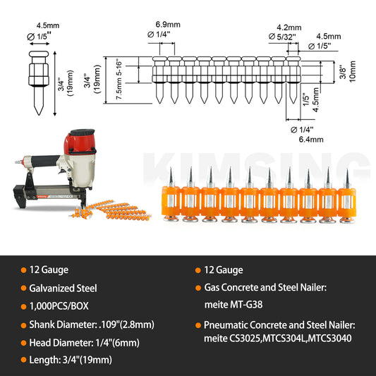 Clavos KAMSIN mecanizados galvanizados de vástago liso con cinta de plástico para concreto y acero, 3/4''- 1 1/2'' (19-38mm), 1000 unidades/caja