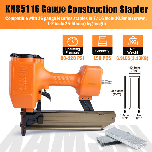 N851 Grapadora neumática de construcción de calibre 16, grapadora para tapicería de corona media de 7/16 pulgadas con marco de seguridad, acepta grapas de 1" a 2" de longitud, grapadora de alambre grueso para fabricación de muebles, contrapiso