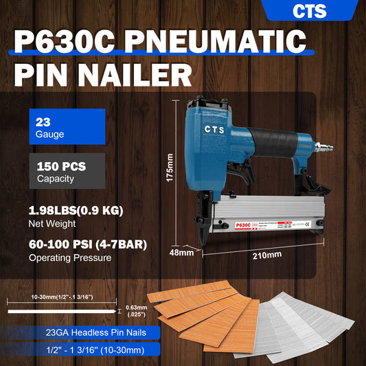 Clavadora Neumática sin Cabeza P630C, Clavadora de Aire de Calibre 23, Clavos sin Cabeza de 1/2 a 1-3/16 Pulgadas (12-30mm) con Doble Gatillo de Seguridad para Armarios, Decoración Interior