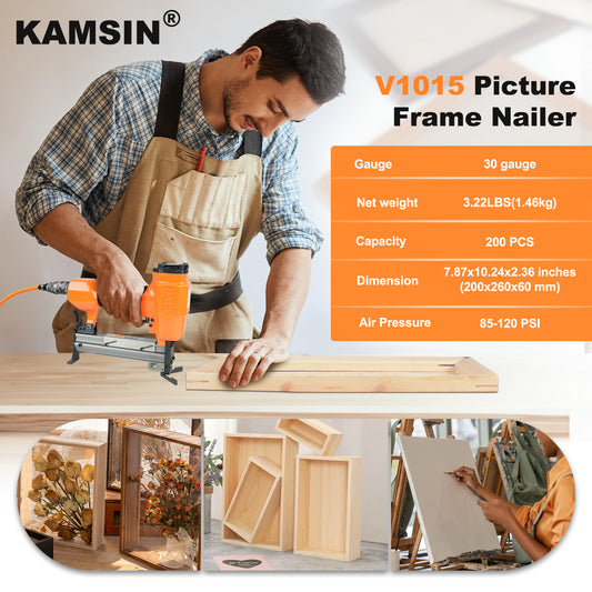 KAMSIN V1015 Pneumatic Picture Frame Nailer Gun – 30 Gauge V-Nailer, Drives 3/16" to 19/32" (5-15mm) V-Nails – Professional Picture Frame Joiner Tool for DIY Picture Frames Making & Carpentry