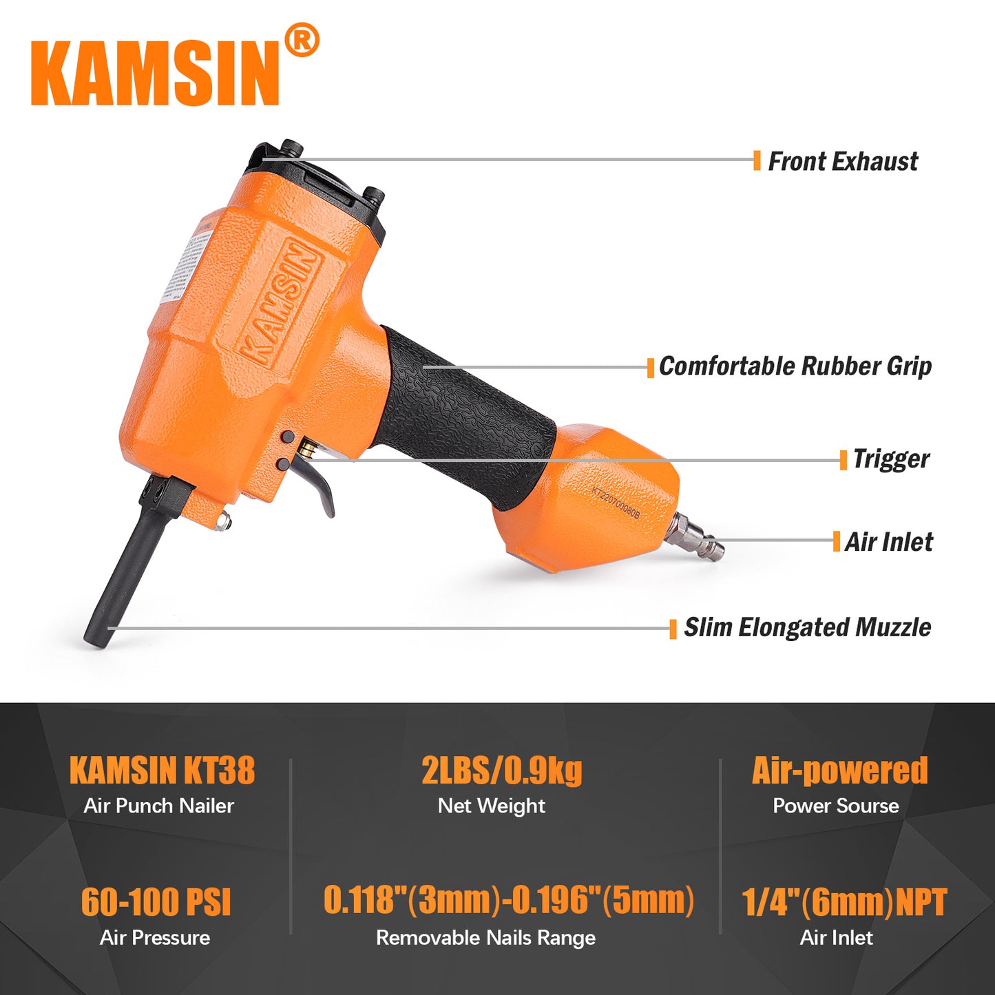 KAMSIN KT38 Pneumatic Nails Puller for Recycling/Removing Nails shank diameter of 3-5 mm (0.118"-0.196") Air Punch Nailer Air Power Nail Remover Gun Nail Puncher Heavy Duty Denailer Gun