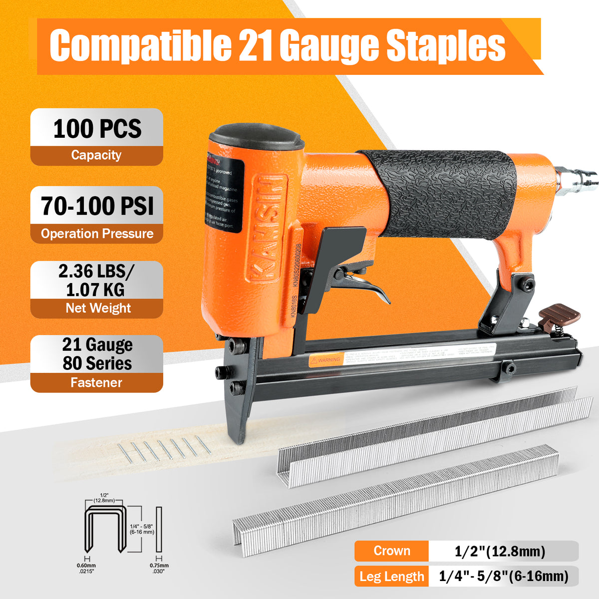 KAMSIN #KN8016S Engrapadora Neumática de Alambre Fino para Tapicería de Calibre 21, Modo de Disparo Continuo, Grapas de Corona de 1/2'', Longitud de 1/4'' - 5/8'', Pistola de Grapas Neumática para Tapicería de Muebles