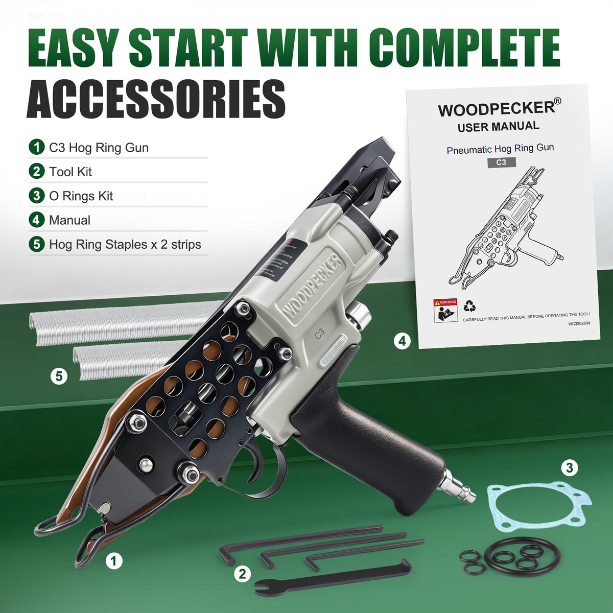 Pistola neumática para anillos de cerdo Woodpecker C3 - Calibre 15, corona exterior de 1-1/4”, diámetro de cierre de 10.5 mm, tenazas para anillos en C, herramienta para anillos de cerdo para colchón de fibra de coco