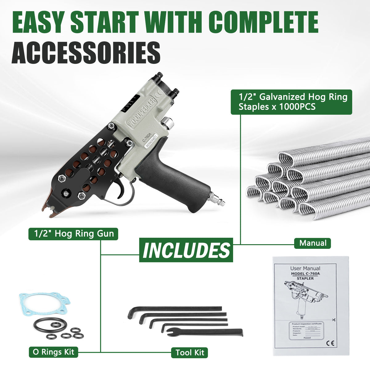 Pistola neumática para anillos de cerdo Woodpecker C-760A de calibre 16 | Corona de 1/2 pulgada, diámetro de cierre de 3.0-4.0 mm | Alicates de anillo en C accionados por aire para jaulas, cercas y tapicería automotriz