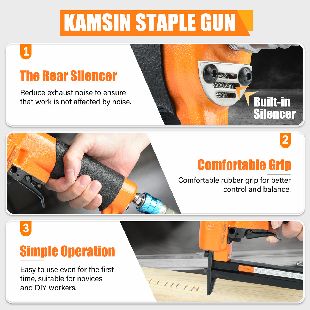 KAMSIN #KN8016 Grapadora neumática de alambre fino calibre 21, grapas de corona de 1/2 pulgada, longitud de pata de 1/4 a 5/8 de pulgada, pistola de grapas de tapicería potente para muebles, gabinetes, ropa de cama, marcos de fotos