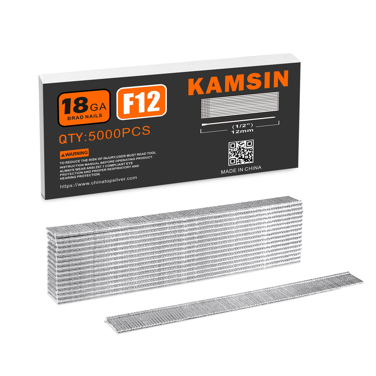 KAMSIN F12 Clavos Brad, Clavos Brad Galvanizados de Calibre 18, Clavos de Acabado de 1/2 pulgada (12 mm) de Longitud (5,000 PIEZAS por Caja) Para Clavadora Brad