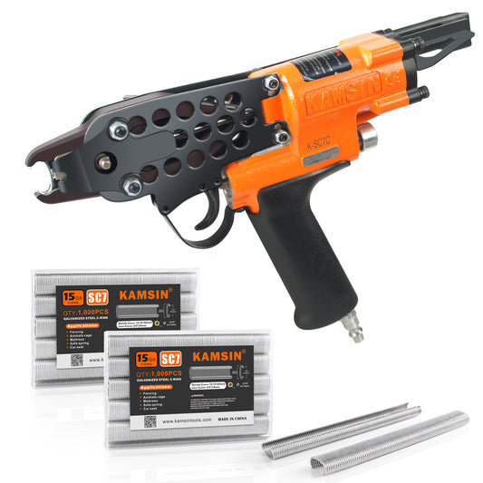 Combination of Kamsin K-SC7C 15 Gauge Pneumatic C Ring Gun Kit and 3/4-Inch Crown Hog Ring Staples