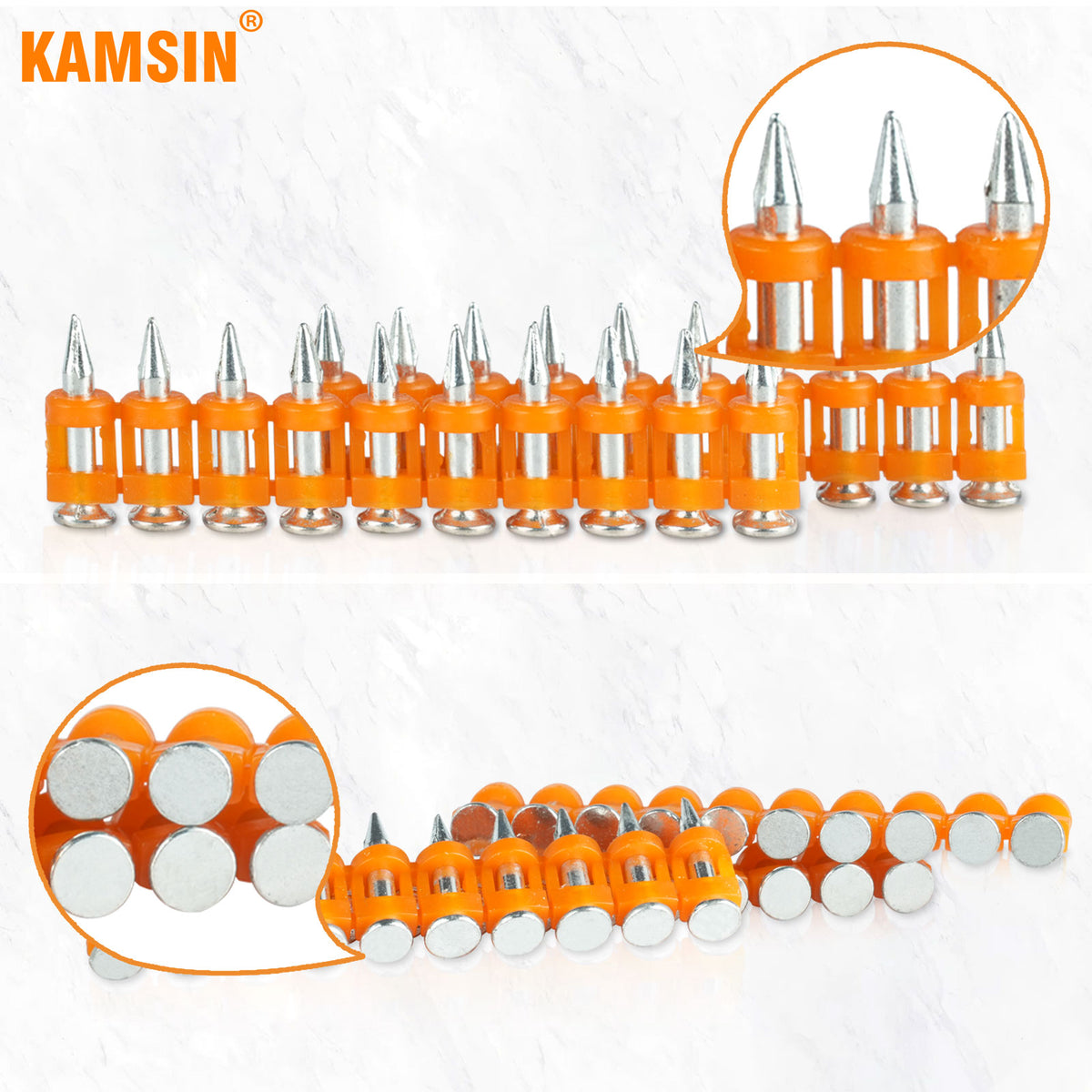 Clavos KAMSIN mecanizados galvanizados de vástago liso con cinta de plástico para concreto y acero, 3/4''- 1 1/2'' (19-38mm), 1000 unidades/caja