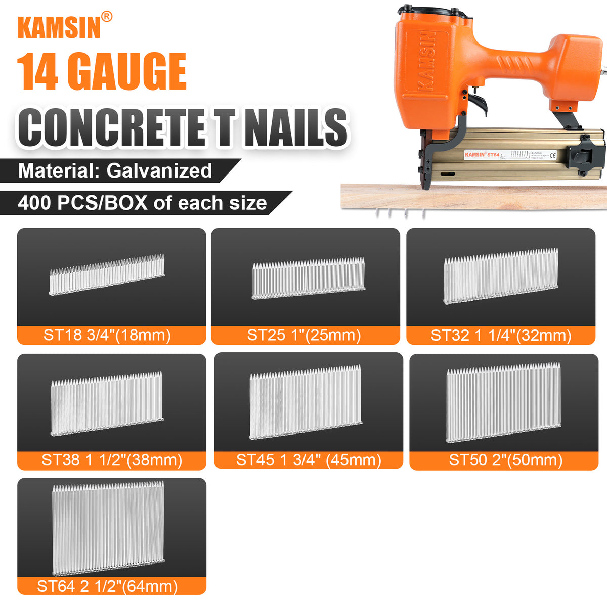KAMSIN 14 Gauge Concrete T Nails, 18-64mm (3/4"-2 1/2") Leg Length, Galvanized Smooth Shank T Shank Nails for Concrete Nailing, Heavy Duty Works, 400 PCS/BOX