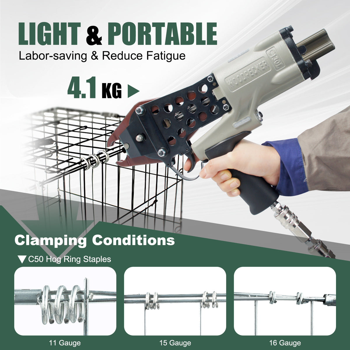 Woodpecker C130LJ / PFC50 11 Gauge Easy Carry Pneumatic Hog Ring Gun for Gabion 1 1/2 Inch Crown Air C Ring Plier for Wire Cages, Gabion, Fencing, Sofa, Spring Mattress, Car Seat, Bedding, Wire Mesh Baskets