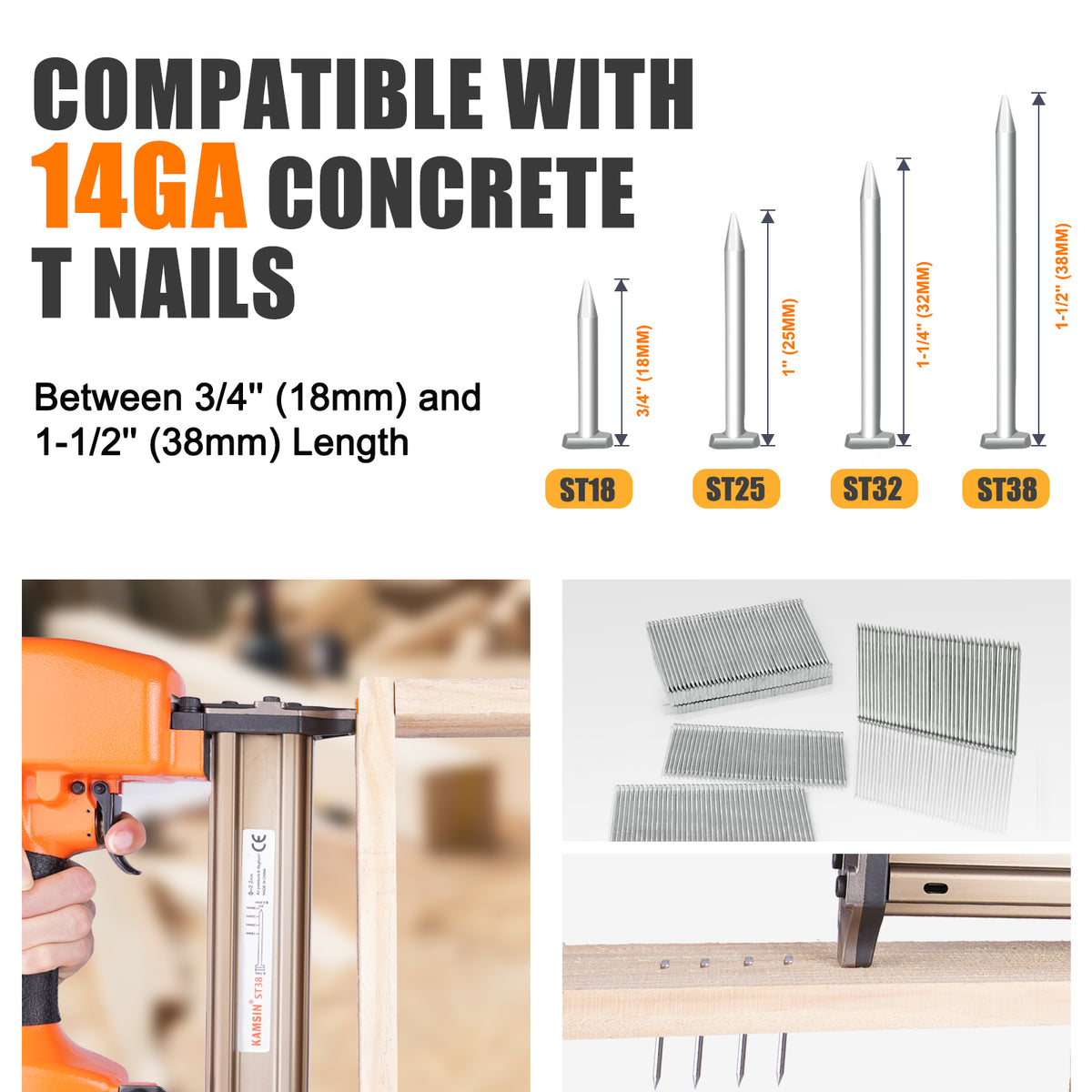 KAMSIN ST38H 14 Gauge Pneumatic Concrete T Nailer, Accepts 3/4” to 1-1/2” (18-38mm) Length Concrete T Nails, Great for furniture, ceiling and low-concrete