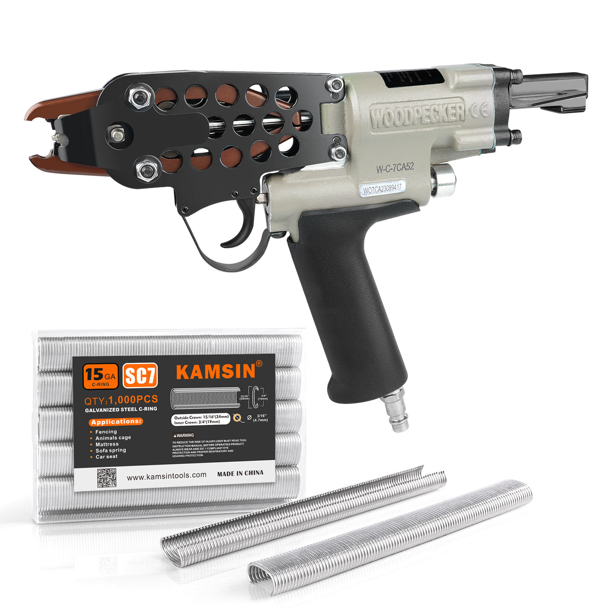 WOODPECKER C-7CA52 Kit de pistola neumática para anillos de cerdo de calibre 15 con 1000 grapas | Corona de 3/4", diámetro de cierre de 4,8 mm | Alicates de anillo en C de aire para cercas, colchones, jaulas y tapicería