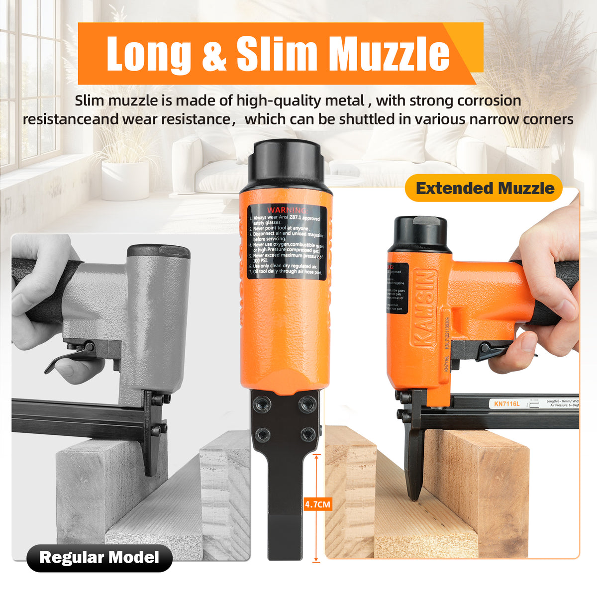 KAMSIN KN7116L 22 Gauge Pneumatic Upholstery Stapler, 3/8-inch(9.0mm) Crown Fine Wire Stapler Gun, 1/4-inch to 5/8-inch(6-16mm) Leg Length Long Nose Upholstery Staple Gun for Upholstering