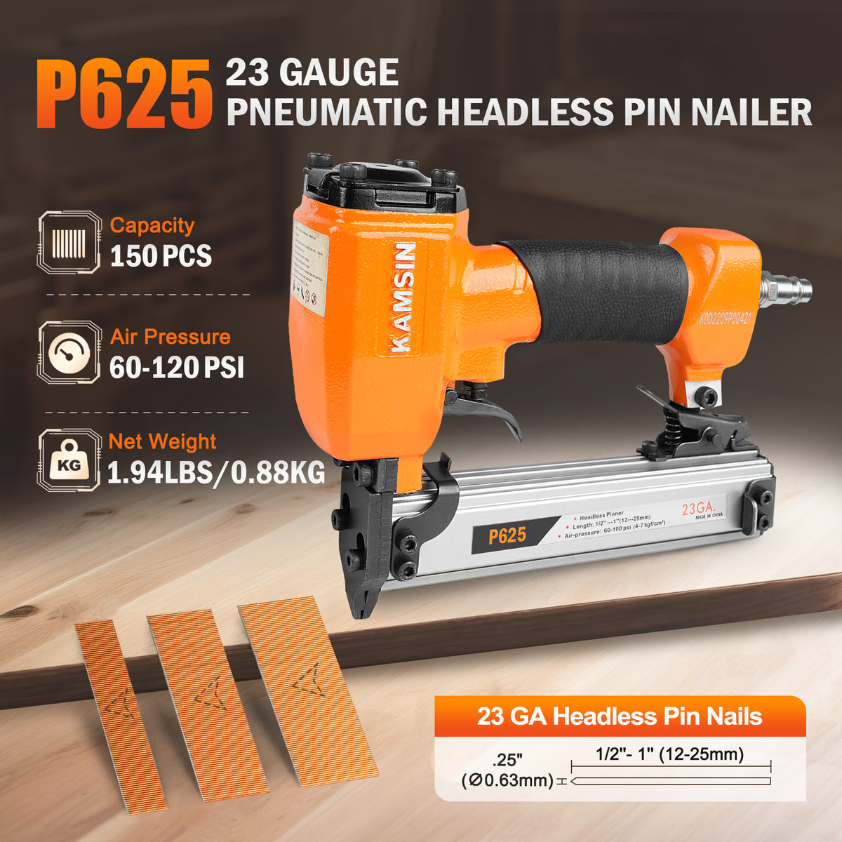 KAMSIN P625 23 Gauge Pneumatic Headless Pin Nailer, 12-25mm Leg Length Air Power Micro Pinner For Furniture, Cabinets, Interior Decoration