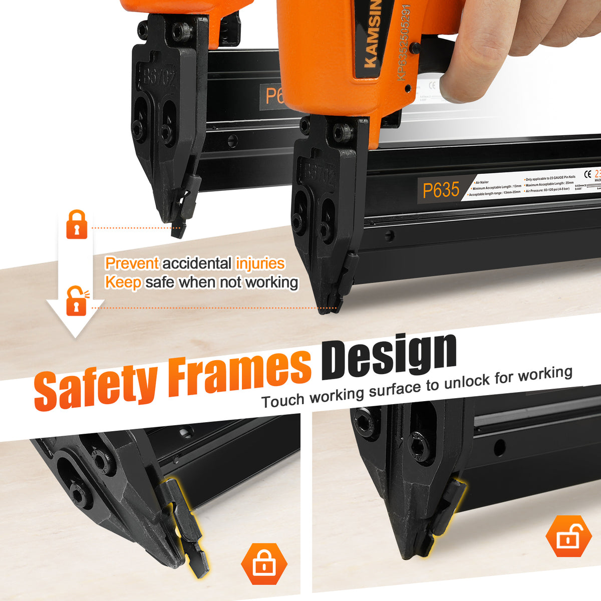 KAMSIN P635 23 Gauge Pneumatic Headless Pin Nailer Kit with Safety, 1/2"- 1-3/8"(13mm-35mm) Length Pin Nails, Air Powered Pinner for Cabinets, Interior Decoration and Picture Frames
