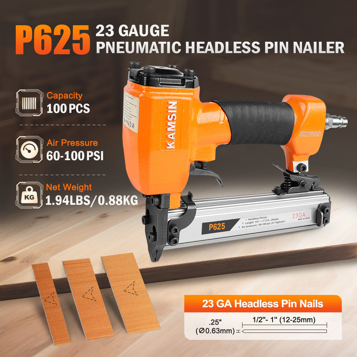 KAMSIN P625 23 Gauge Pneumatic Pin Nailer Kit with 10,000PCS P612 and A Box of Copper or Stainless Steel Pin Nails