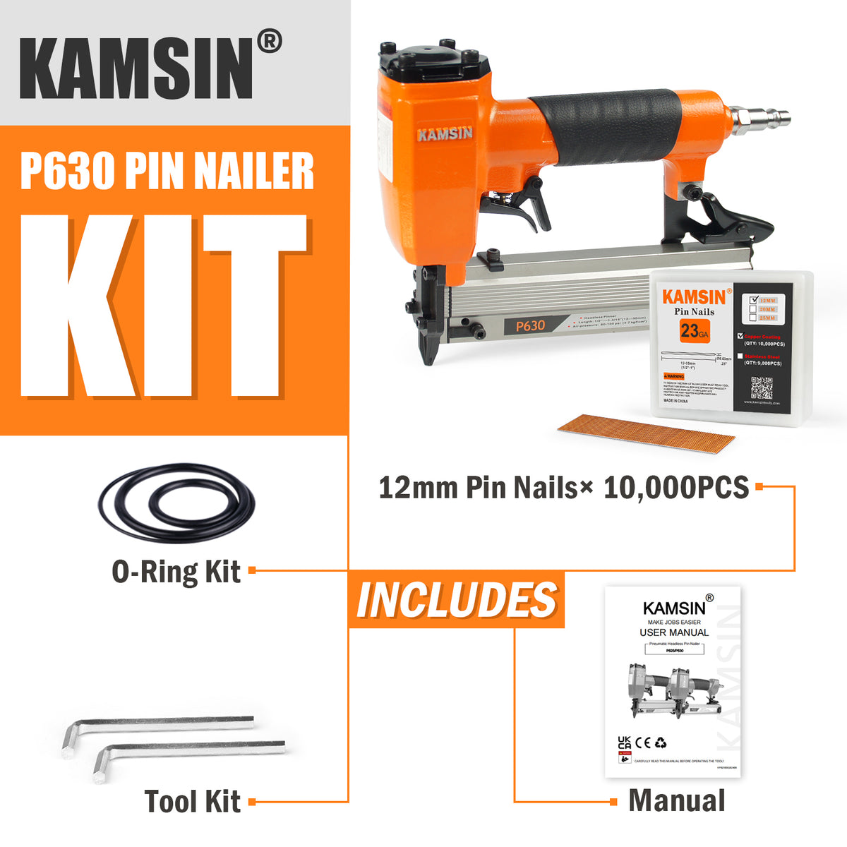 KAMSIN P630 23 Gauge Pneumatic Headless Pin Nailer, 1/2-Inch to 1-3/16-Inch Leg Length, Air Power Micro Pinner With Safety For Furniture, Cabinets, Interior Decoration