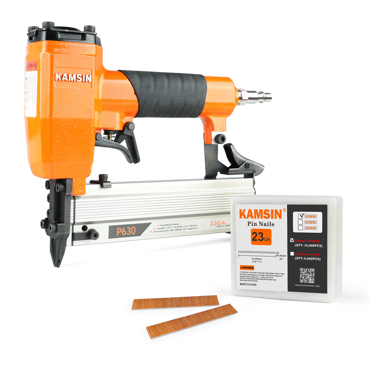 KAMSIN P630 23 Gauge Pneumatic Headless Pin Nailer, 1/2-Inch to 1-3/16-Inch Leg Length, Air Power Micro Pinner With Safety For Furniture, Cabinets, Interior Decoration