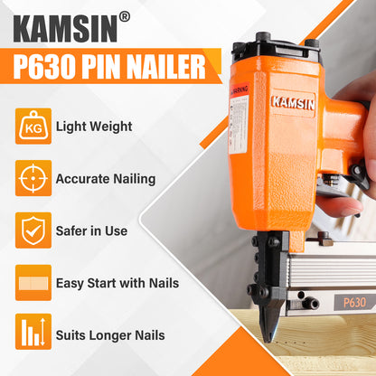 KAMSIN P630 23 Gauge Pneumatic Headless Pin Nailer, 1/2-Inch to 1-3/16-Inch Leg Length, Air Power Micro Pinner With Safety For Furniture, Cabinets, Interior Decoration