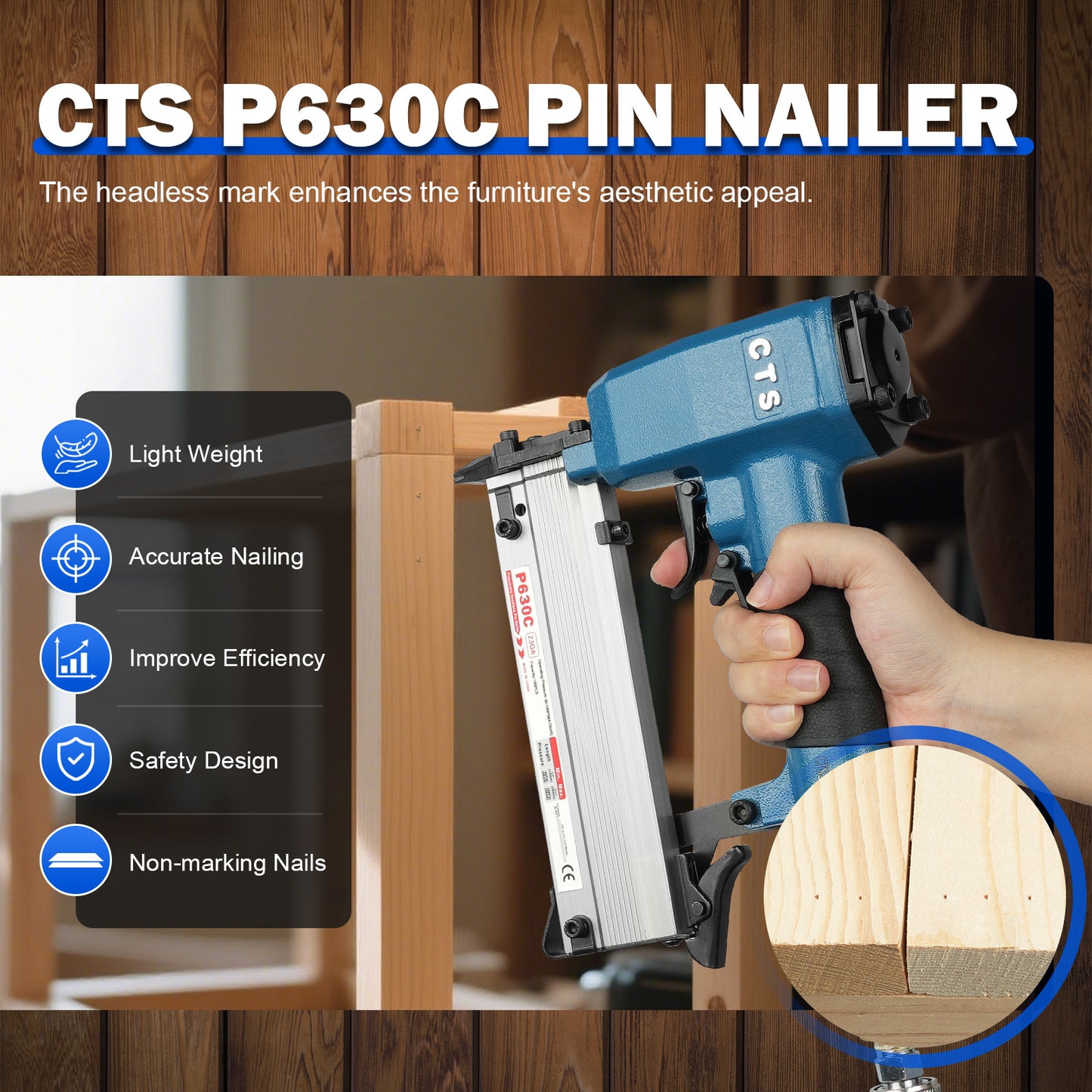 P630C Pneumatic Headless Pin Nailer, 23 Gauge Air Power Nail Gun, Drives 1/2-Inch to 1-3/16-Inch (12-30mm) Headless Micor Pins with Dual Trigger Safety for Cabinets, Interior Decoration