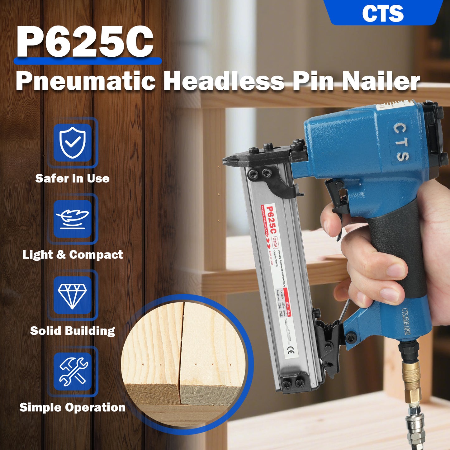 P625C Pneumatic Headless Pin Nailer, 23 Gauge Air Power Nail Gun, Drives 1/2-Inch to 1-Inch (12-25mm) Headless Micor Pins with Safety for Furniture, Crafts, Picture Framing