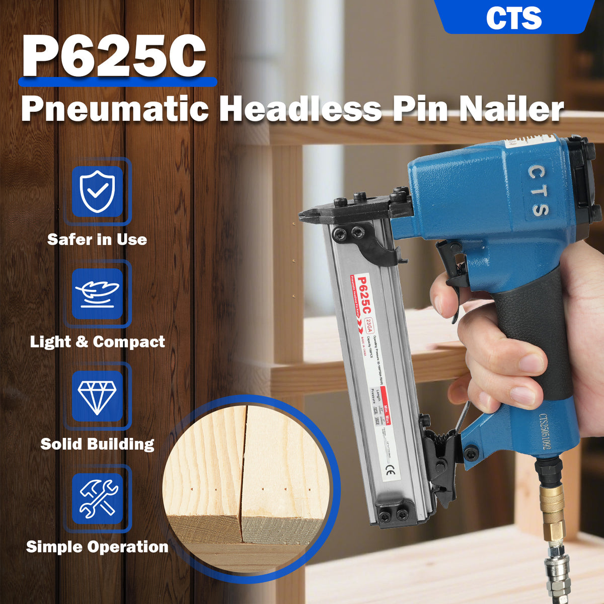 P625C Pneumatic Headless Pin Nailer, 23 Gauge Air Power Nail Gun, Drives 1/2-Inch to 1-Inch (12-25mm) Headless Micor Pins with Safety for Furniture, Crafts, Picture Framing