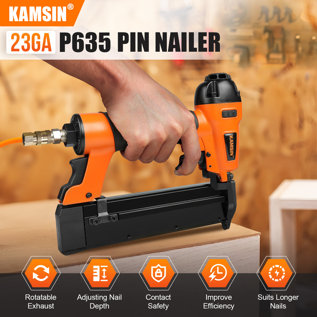 KAMSIN P635 23 Gauge Pneumatic Headless Pin Nailer Kit with Safety, 1/2"- 1-3/8"(13mm-35mm) Length Pin Nails, Air Powered Pinner for Cabinets, Interior Decoration and Picture Frames