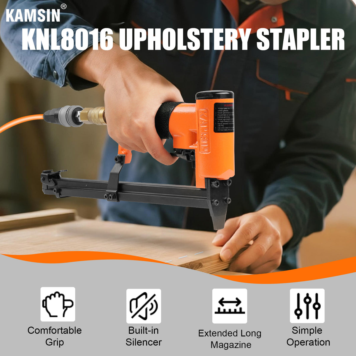KAMSIN KNL8016 Grapadora Neumática para Tapicería de Calibre 21 con Cargador Extendido Largo, Grapas de Corona de 1/2 Pulgada, Longitud de Pata de 1/4 a 5/8 Pulgadas (6-16mm), Grapadora Neumática de Alambre Fino para Muebles, Gabinetes