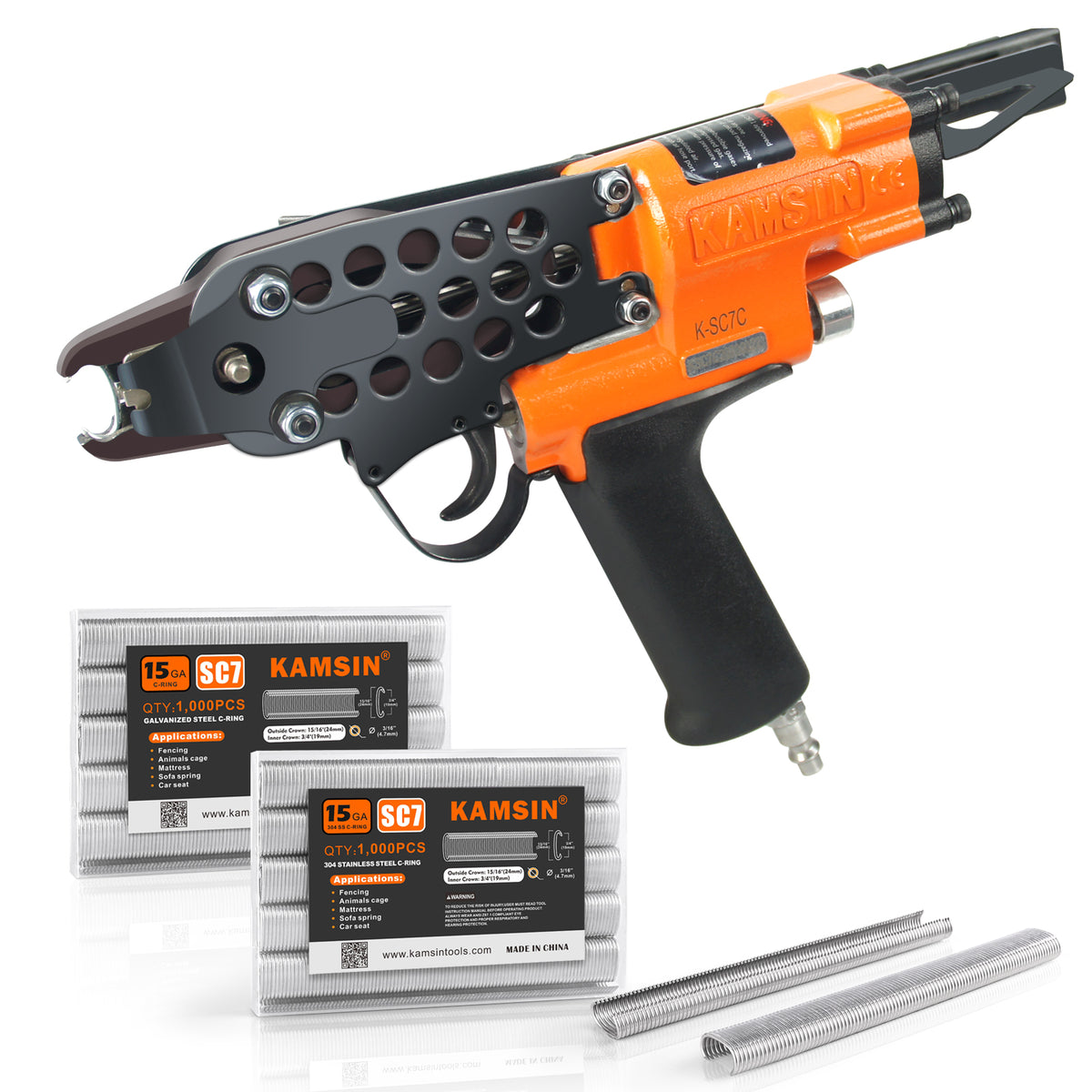 Combinación de pistola neumática Kamsin K-SC7C de calibre 15 para anillos C y grapas de anillos Hog de corona de 3/4 de pulgada