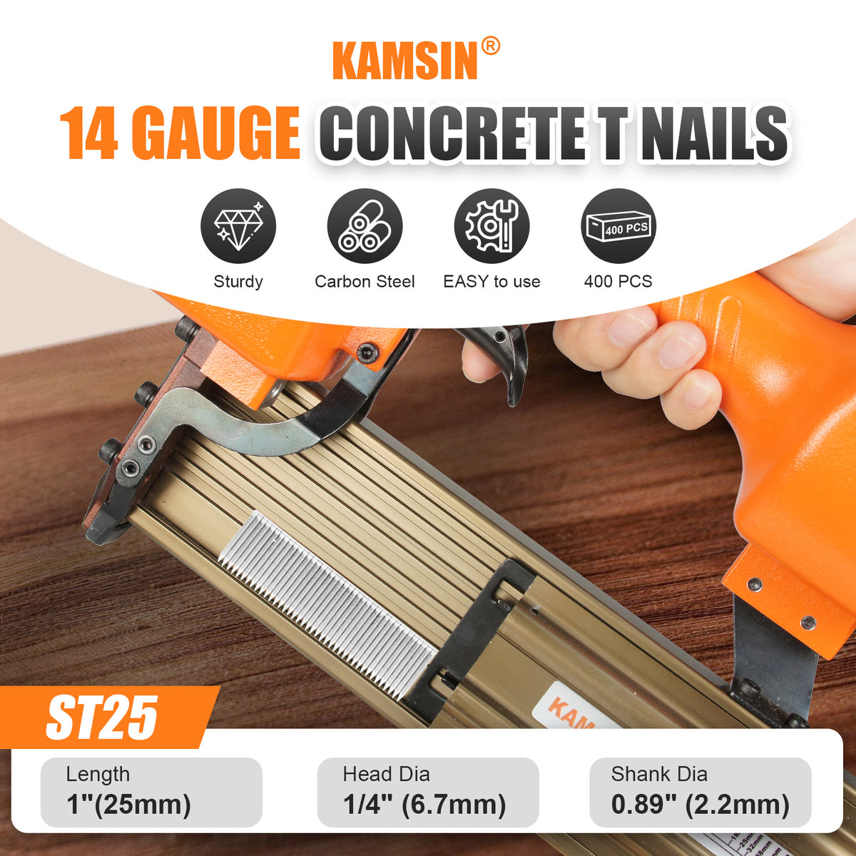 KAMSIN 14 Gauge Concrete T Nails, 18-64mm (3/4"-2 1/2") Leg Length, Galvanized Smooth Shank T Shank Nails for Concrete Nailing, Heavy Duty Works, 400 PCS/BOX