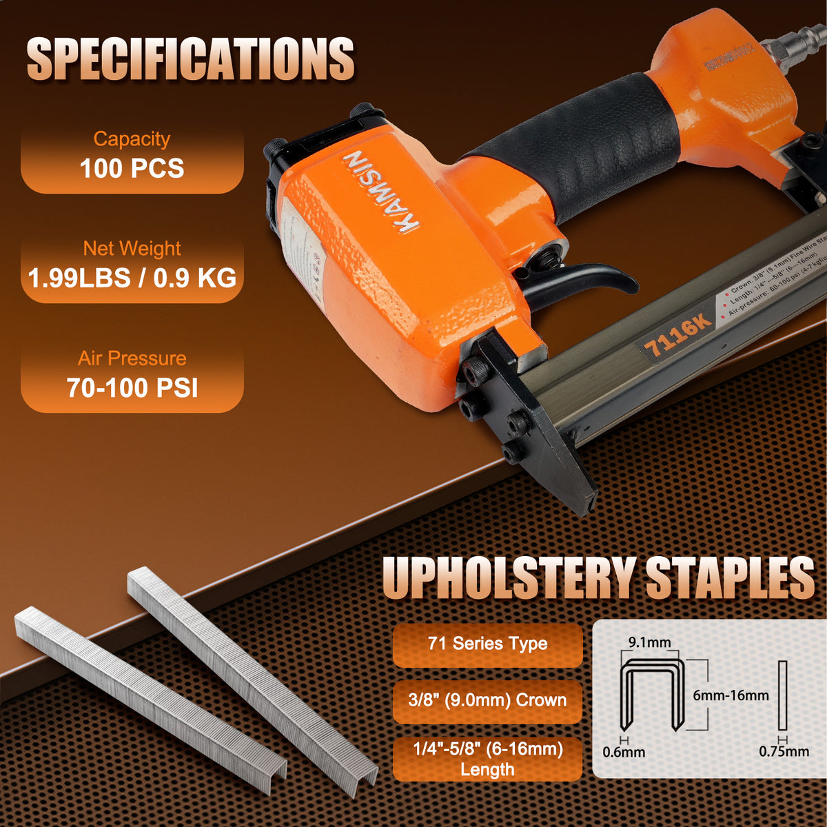 KAMSIN 7116K 22 Gauge 71 Series Pneumatic Upholstery Stapler, 3/8-inch(9.0mm) Crown Fine Wire Tool, 1/4-inch to 5/8-inch(6-16mm) Leg Length Air Upholstery Staple Gun for Furniture Upholstering