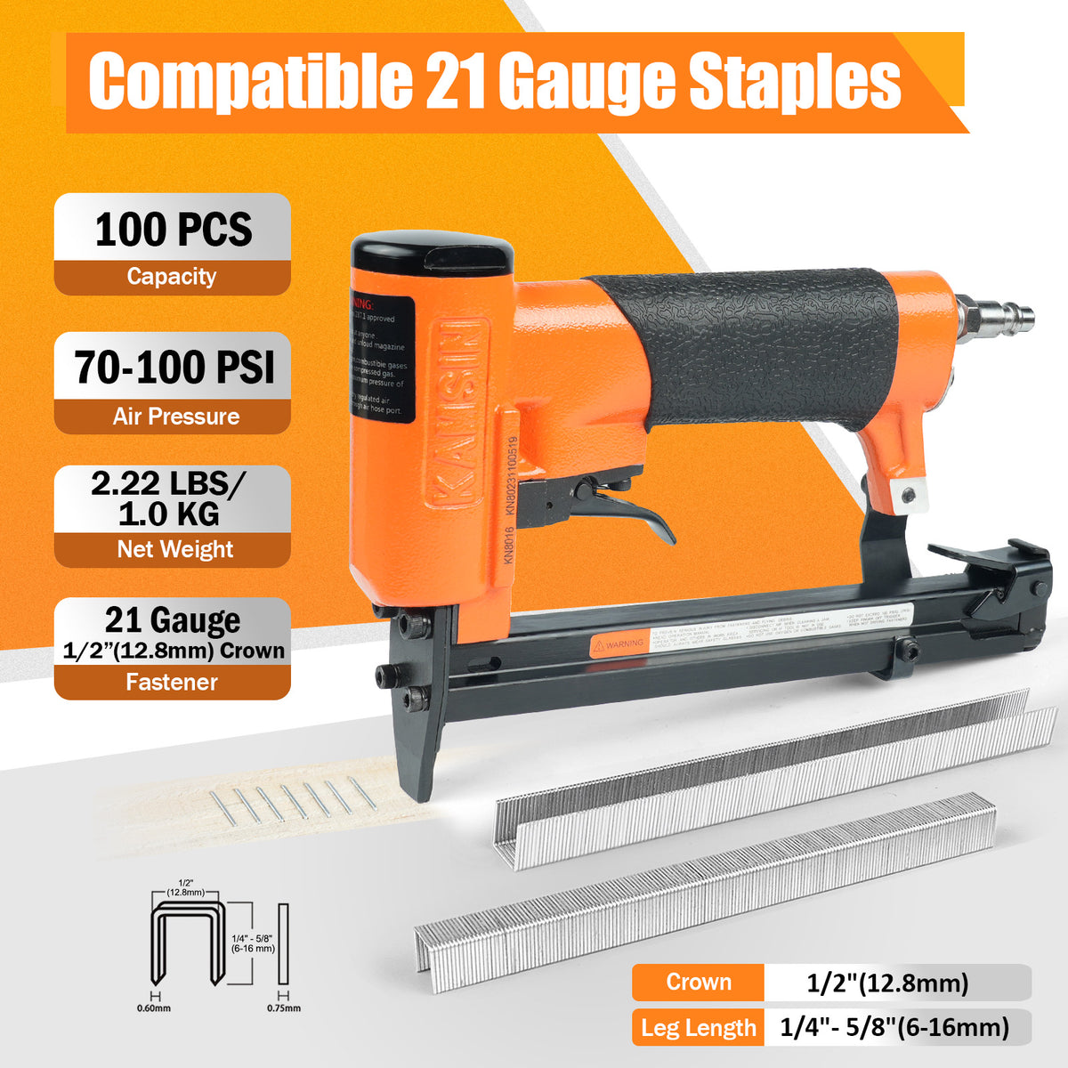 KAMSIN #KN8016 Grapadora neumática de alambre fino calibre 21, grapas de corona de 1/2 pulgada, longitud de pata de 1/4 a 5/8 de pulgada, pistola de grapas de tapicería potente para muebles, gabinetes, ropa de cama, marcos de fotos
