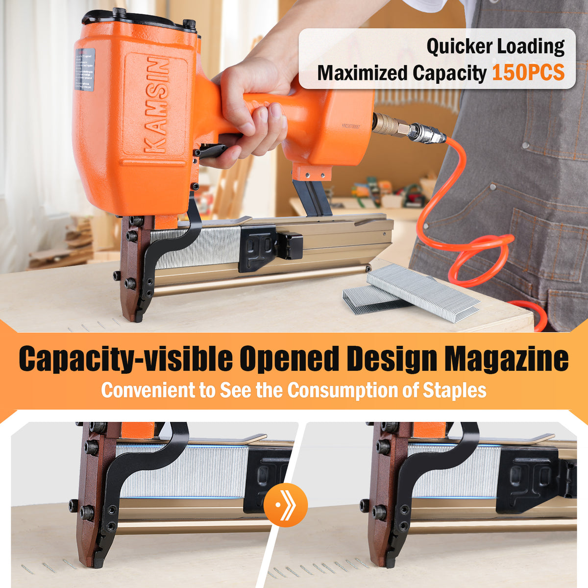 N851 16 Gauge Pneumatic Construction Stapler 7/16-Inch Medium Crown Upholstery Stapler with Safety Frame, Accepts 1" to 2" Length Staples, Heavy Wire Stapler for Furniture Making, Subflooring