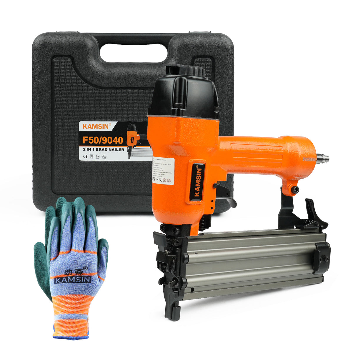 Clavadora Neumática KAMSIN F50/9040, Acabado 2 en 1, Dispara Clavos Brad de Calibre 18 de 2" y Grapas de Corona de 1/4" de 1-5/8" con Estuche de Transporte para Trabajos de Carpintería, Gabinetes, Muebles, Tapicería